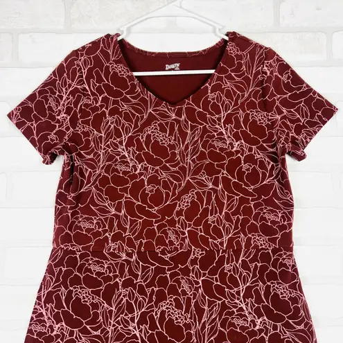 Duluth Trading Co Womens V Neck Short Sleeve Burgundy Floral Dress Size S Red