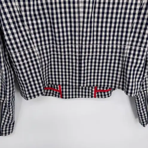 J. Crew Preppy Moto Jacket Womens 10 Blue White Gingham Plaid Cotton Linen NWOT