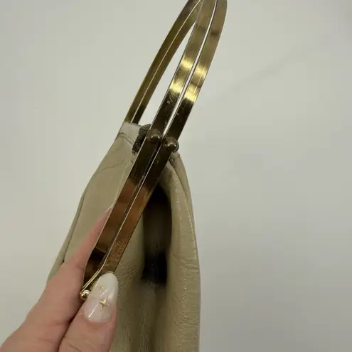 Vintage Beige Leather Top Handle Bag Metal Handbag Classic