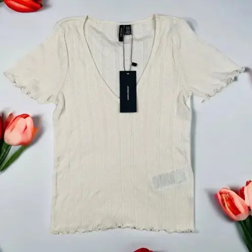 VERO MODA Short Sleeve V Neck Babydoll Style Top Birch Cream NEW Size XS