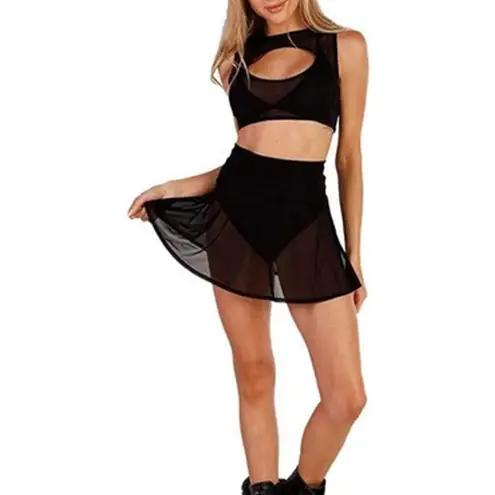 NWT Womens Sheer Mesh High Waist Mini Skater Skirt Black Small