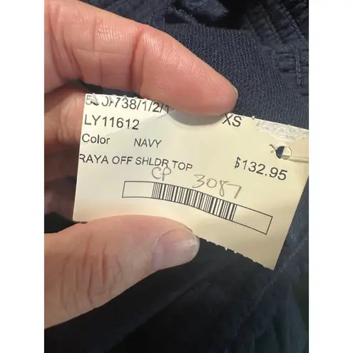 Drew ANTHROPOLOGIE Off Shoulder Top XS Navy Blue Smocked Neckline Short Sleeve