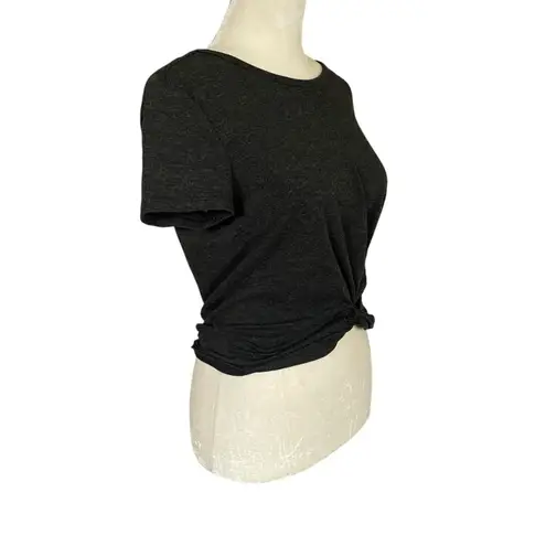 Women's black heather crewneck short sleeve stretchy soft tie front crop top