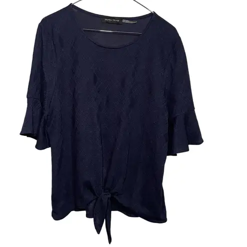 Ivanka Trump Navy Blue Tie-Front Ruffle Sleeve Blouse Top Large