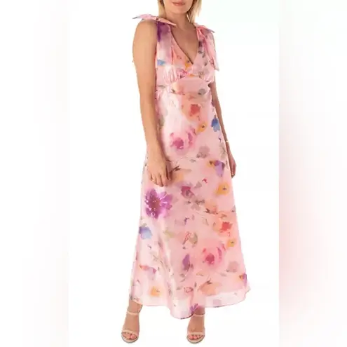 Maison Tara V Neck Pink Watercolor Floral Maxi Dress with Bow Straps size 6 $148