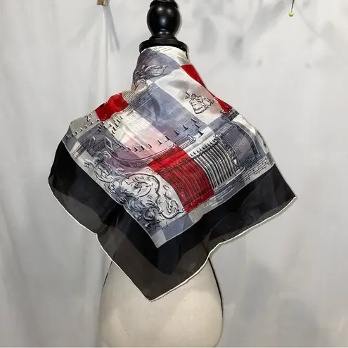 Gorgeous silk vintage made in Japan checkered city scape scarf Red