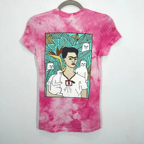 Ripndip Women's XS Tie Dye Pink Cat Frida Kahlo Graphic T Shirt Quirky Artsy