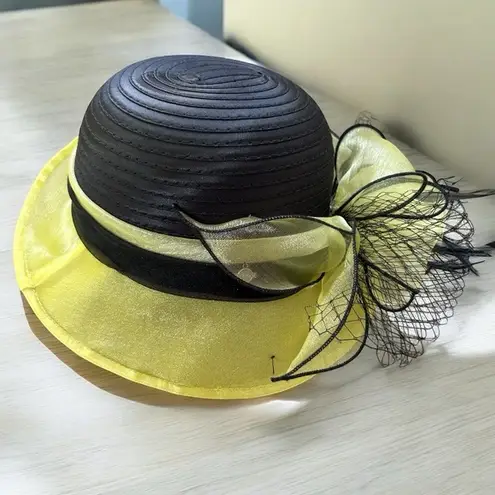 Forbusite Lemon Yellow Feather adorned ladies Kentucky Derby hat fancy old money Black