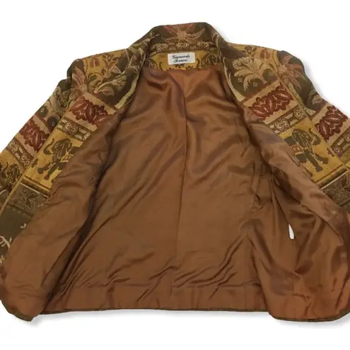 Vintage Giancarlo Ferrari Elephant Print Tapestry Zip Up Blazer Jacket Gold Size 8