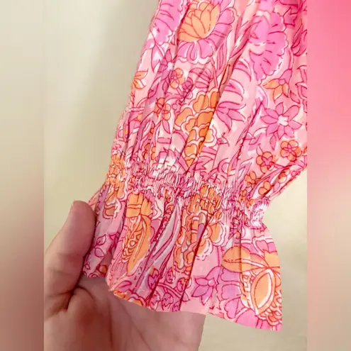 Mille Francesca Orange and Pink Floral Carnation Cotton Ruffle Top Size XS