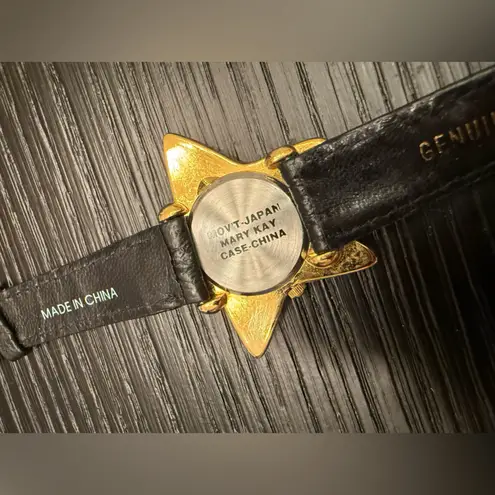 Mary Kay Gold Star Watch Black Genuine Leather Strap Wristwatch