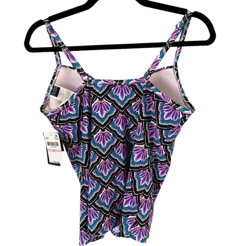 NWT Island Escape Geo Print Full Bust Support Modest Tankini Swim Top Sz 6 Purple