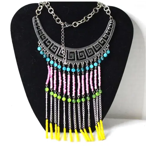 Source Unknown Vintage Tribal Long Multi Color Beaded Fringe Silver Tone Bib Choker Necklace