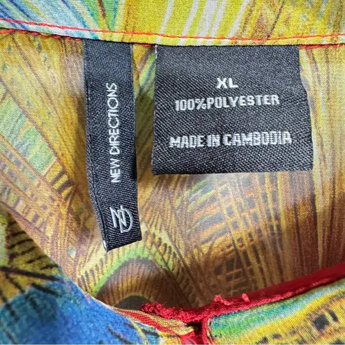 Red Peacock Feathers Sheer Button Front Blouse with Short Flutter Sleeves Size XL