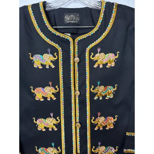 Bob Mackie wearable art black coat embroidered Elephants gold logo buttons large