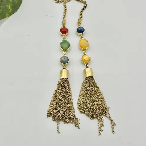 Vintage Gold Tone Open Chain Beaded Tassel Long Necklace