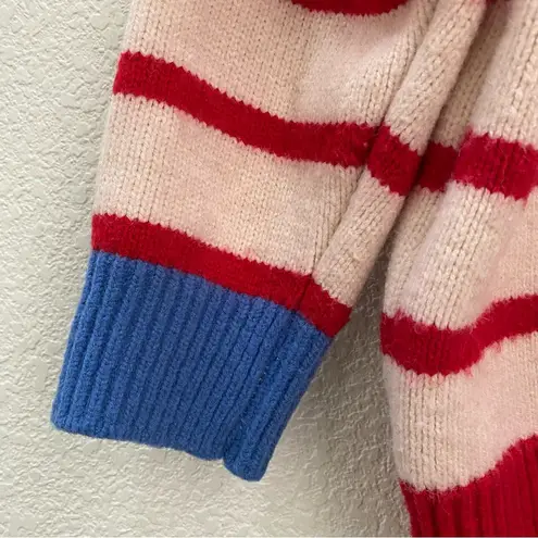 Striped Thick Knit Heart Patch 3/4 Sleeve Cropped Cardigan Sweater Red