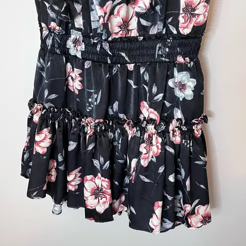 MISA Los Angeles Cecile Satin Floral Tiered Ruffle Tassel Mini Dress Black Pink