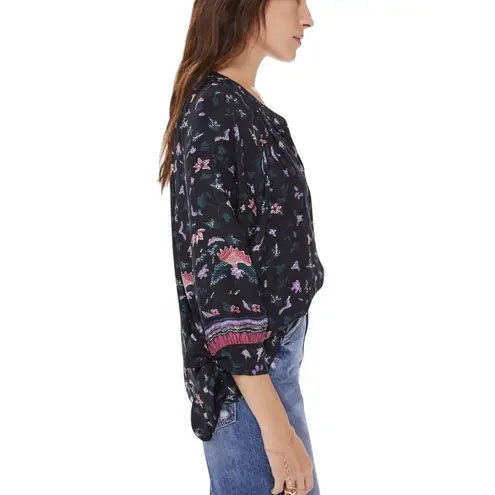 Natalie Martin Renata Silk Peasant Blouse Lotus Print Nero with Tied Sleeve XS