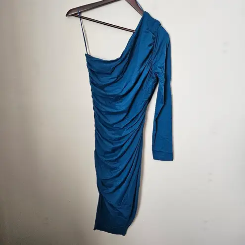 Susana Monaco Dress One Shoulder Ruched Sides Peacock Tulip Hem Mini Cocktail