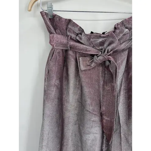 Badgley Mischka Pink Silver Metallic Wide Leg Paperbag Tie Waist Pants Size 14