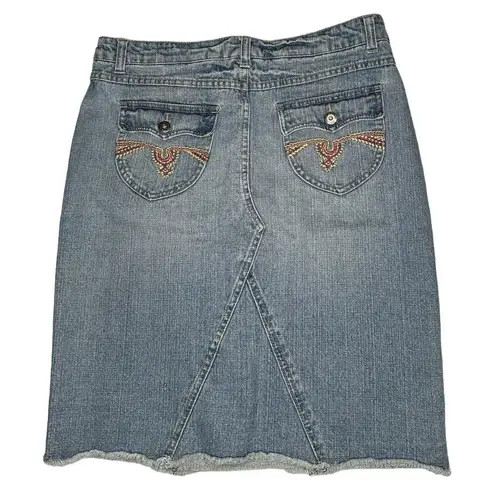 Lee  One True Fit Lower On Waist Embroidered Pocket Fringe Raw Hem Jean Skirt