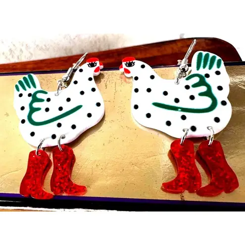 Christmas Chicken Earrings Glitter Red Boots Made for Walking Farm House…