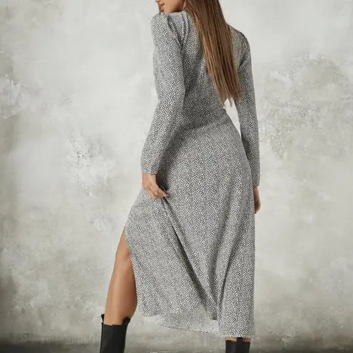 Missguided White Sprinkle Print Half Button Long Sleeve Midi Tea Dress Large