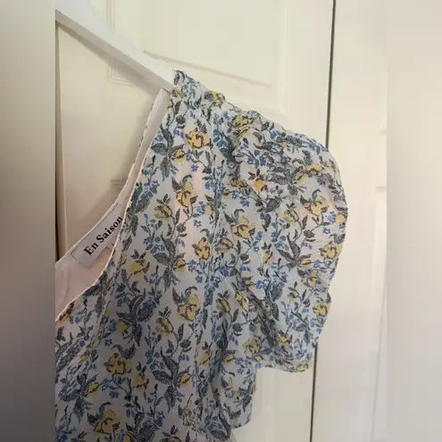 En Saison Maeve Floral One Shoulder Puff Sleeve Top Crop Top Blouse Size Large White