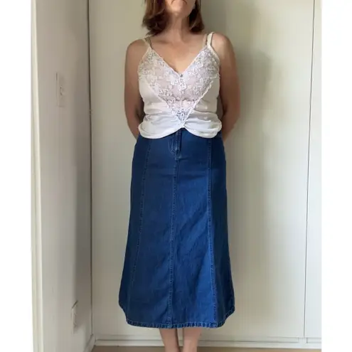 Vintage 90s Midi Denim Skirt Size 4 Small Pockets Classic Summer Prairie blue