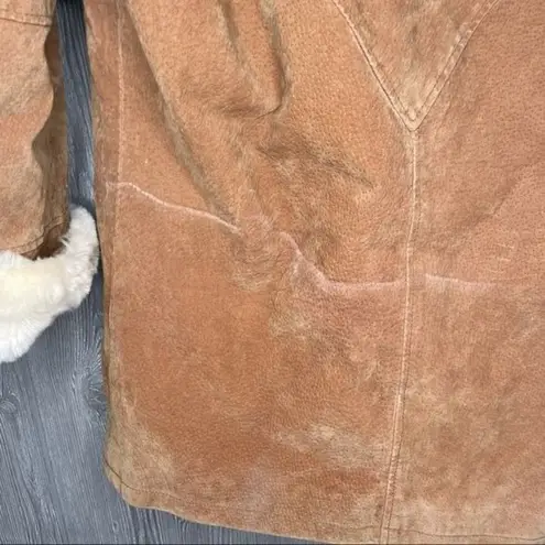 Copper collection leather faux fur lined jacket coat horn type buttons hooded sm Tan
