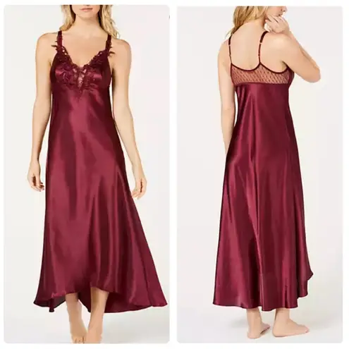 Flora Nikrooz Stella Satin Venise Trim Lingerie Nightgown Bordeaux Size Large
