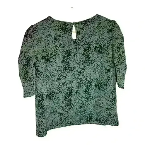 Ophelia Roe Blouse L green black animal print 1 button back Rouched Puff Sleeve