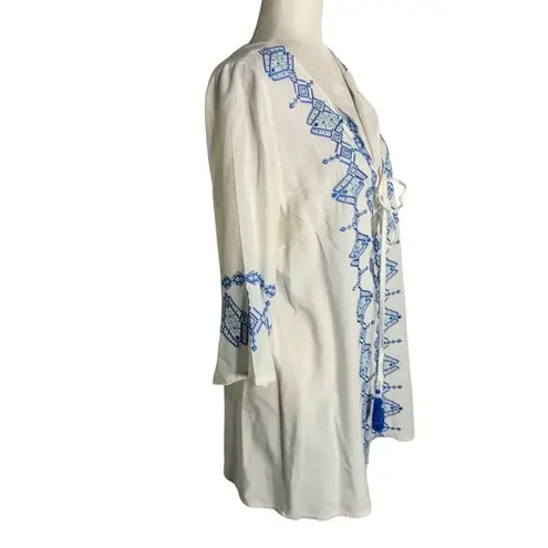 Solitaire Boho Cover Up Embroidered Tunic M White V Neck Lace Up Tassels