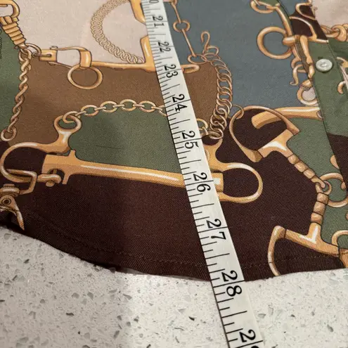 J. McLaughlin Silk Blend Equestrian Print Button Down Blouse Green Brown Small