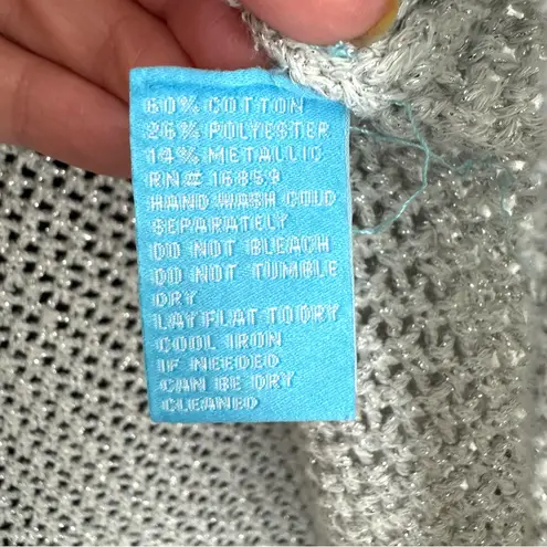 J. McLaughlin Crochet Open Knit Weave Sweater S Gray Metallic Mesh Beachy Mermaid