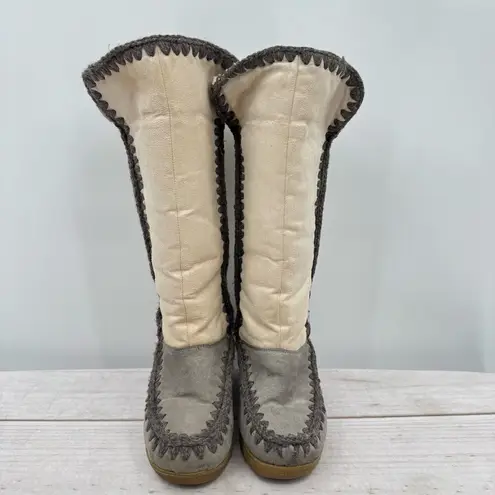 Vintage Y2K 90s American Eagle Wedge Heel Faux Suede Boots Crochet Midcalf Boho Gray Size 6.5