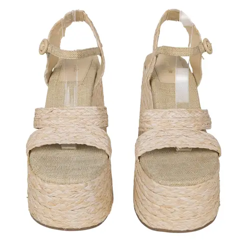 LARROUDE Carmen Raffia Platform Heeled Sandal Beige Open Toe Women's 10 Tan