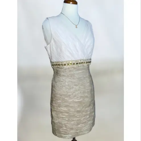 Eliza J Cream Taupe Crinkled Taffeta Jeweled Waist Double V Knee Length Dress 12
