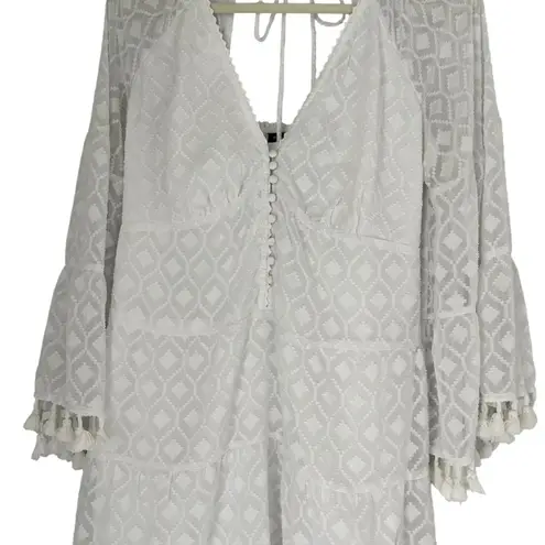 Boston Proper Long sleeve novelty fabric Tassel trim Sun dress white Sz S boho