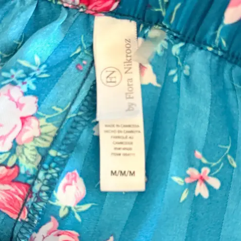 Floral Pajama Set Teal Pink Striped Sleepwear Matching Shorts Button Up Size M Blue Size M