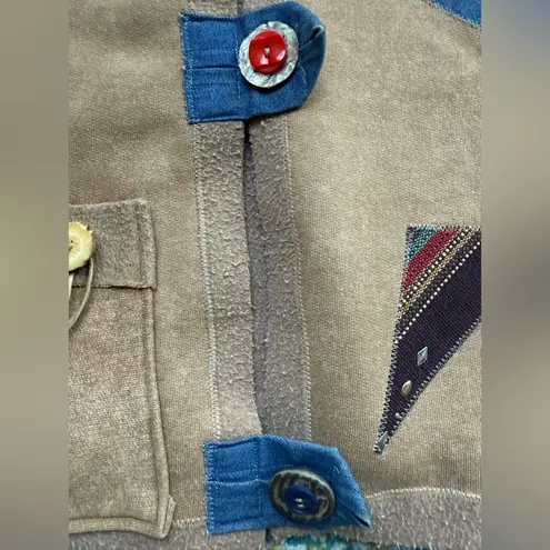 Vintage 90s Creative Coyote denim beaded appliqué button sweatshirt, size large Tan
