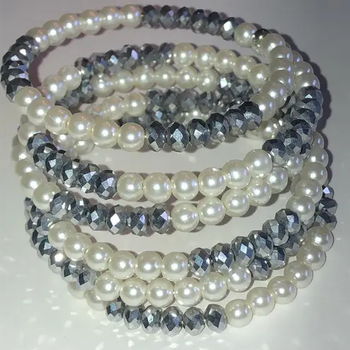 Elegant Faux Pearl and Dark Gray Black Beaded Boho Wrap Bracelet White