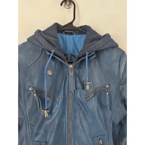 Sanovation Barcelona Blue 100% Sheep Skin Leather Bomber Jacket Women’s Small