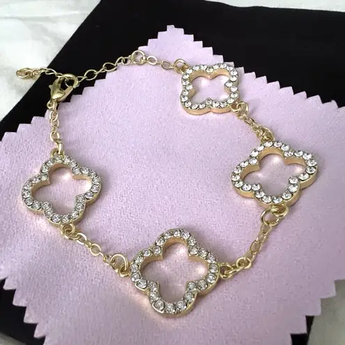 14K Gold Plated cubic zirconia clover Bracelet Stainless Steel Womens Jewelry