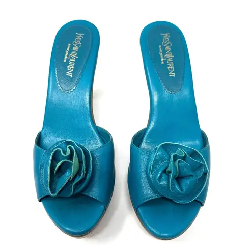 YSL YVES SAINT LAURENT turquoise leather heel slides, made in Spain, size 39