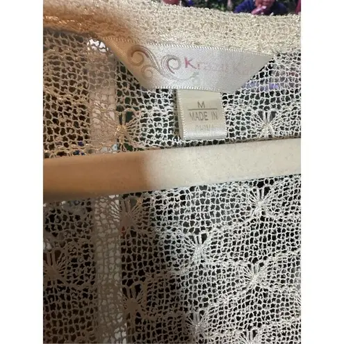 Krazy Kat Ivory Cream Open Knit Long Sleeve Button Front Lace hem Top