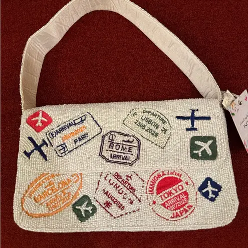 NWT Viral Travel Passport Cities Beaded Bag Made in India Handcrafted Handmade White