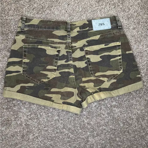 ZARA  Camo High Rise Distressed Cuffed Jean Denim Shorts