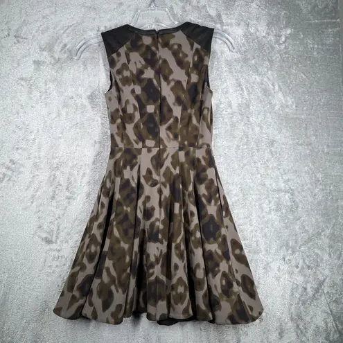 Karen Millen Dress Women 6 Black Green Leopard Cheetah Skater Fit & Flare Party